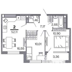 2-к квартира, строящийся дом, 52м2, 13/25 этаж