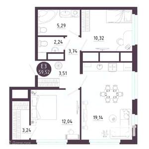 2-к квартира, вторичка, 60м2, 12/19 этаж