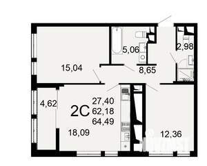 2-к квартира, вторичка, 62м2, 1/26 этаж