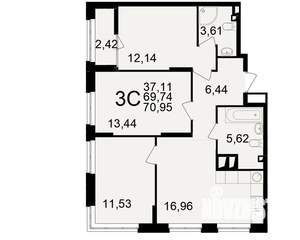 3-к квартира, вторичка, 70м2, 12/25 этаж