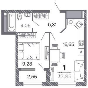 1-к квартира, строящийся дом, 38м2, 16/25 этаж