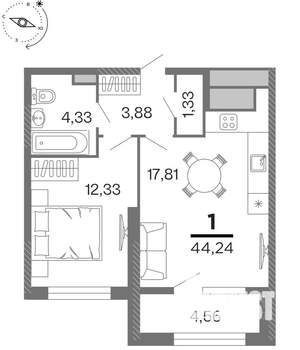1-к квартира, строящийся дом, 44м2, 2/15 этаж