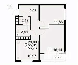 2-к квартира, вторичка, 57м2, 6/22 этаж