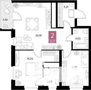 2-к квартира, вторичка, 66м2, 6/9 этаж