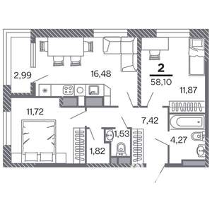 2-к квартира, строящийся дом, 58м2, 9/25 этаж