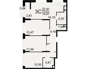 3-к квартира, вторичка, 75м2, 7/25 этаж
