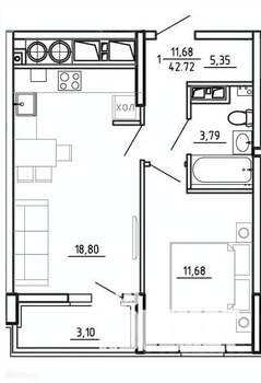 1-к квартира, вторичка, 43м2, 14/26 этаж