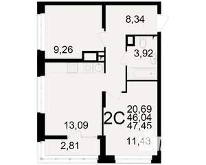 2-к квартира, вторичка, 46м2, 2/25 этаж