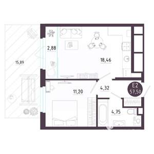 1-к квартира, вторичка, 58м2, 1/18 этаж