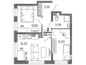2-к квартира, вторичка, 38м2, 13/25 этаж