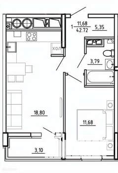 1-к квартира, вторичка, 43м2, 2/26 этаж