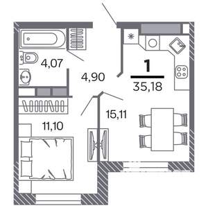 1-к квартира, строящийся дом, 35м2, 13/25 этаж
