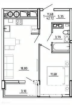 1-к квартира, вторичка, 43м2, 24/26 этаж