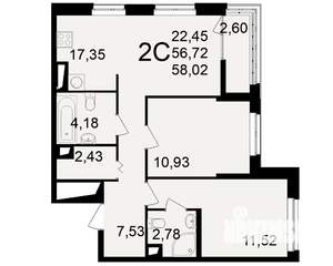 2-к квартира, вторичка, 57м2, 12/25 этаж