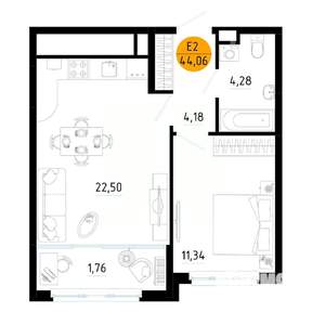1-к квартира, вторичка, 44м2, 4/25 этаж