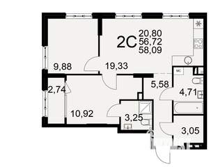 2-к квартира, вторичка, 57м2, 1/22 этаж