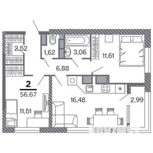 2-к квартира, строящийся дом, 57м2, 11/25 этаж