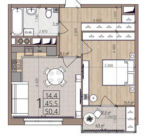 1-к квартира, вторичка, 50м2, 6/8 этаж