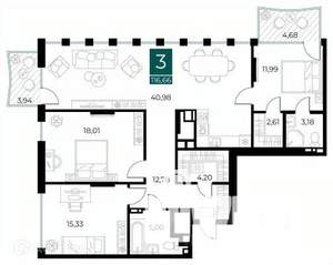 3-к квартира, вторичка, 117м2, 7/14 этаж