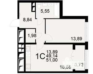1-к квартира, вторичка, 49м2, 8/25 этаж