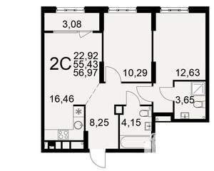 2-к квартира, вторичка, 55м2, 2/22 этаж