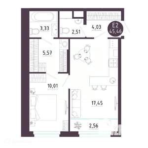 1-к квартира, вторичка, 45м2, 4/19 этаж