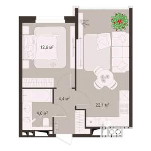 1-к квартира, строящийся дом, 44м2, 3/8 этаж