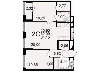 2-к квартира, вторичка, 63м2, 8/25 этаж