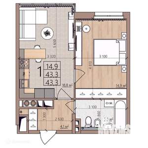 1-к квартира, вторичка, 43м2, 5/9 этаж