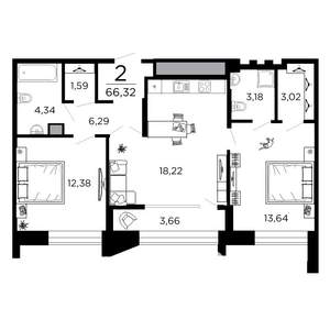 2-к квартира, вторичка, 66м2, 18/19 этаж