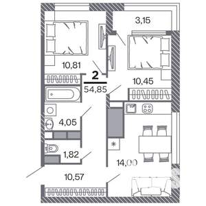2-к квартира, строящийся дом, 55м2, 21/25 этаж