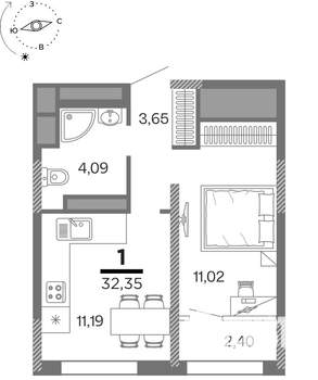 1-к квартира, вторичка, 32м2, 16/25 этаж
