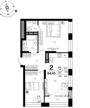 2-к квартира, вторичка, 64м2, 17/21 этаж