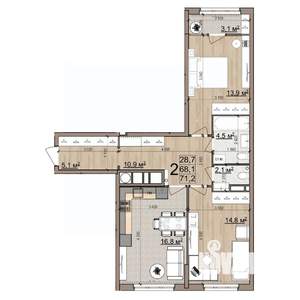 2-к квартира, вторичка, 71м2, 16/25 этаж