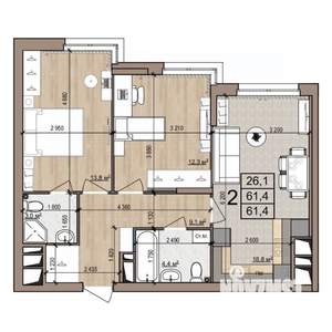 2-к квартира, строящийся дом, 61м2, 18/25 этаж