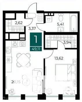 1-к квартира, вторичка, 49м2, 3/14 этаж