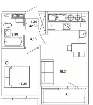 1-к квартира, вторичка, 42м2, 13/26 этаж