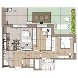 2-к квартира, вторичка, 103м2, 1/9 этаж