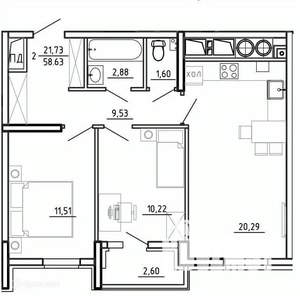 2-к квартира, вторичка, 59м2, 6/26 этаж