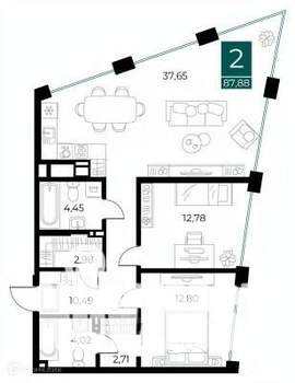 2-к квартира, вторичка, 88м2, 6/14 этаж
