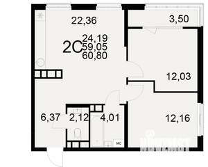 2-к квартира, вторичка, 59м2, 12/21 этаж