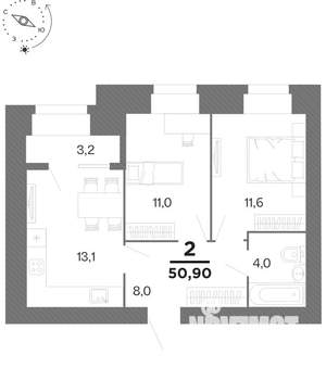 2-к квартира, вторичка, 51м2, 12/16 этаж