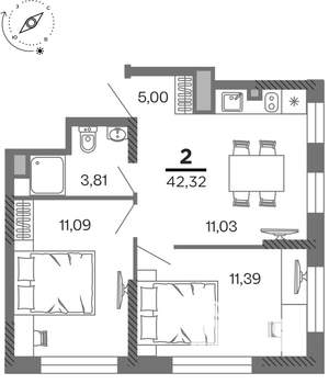 2-к квартира, вторичка, 42м2, 7/25 этаж