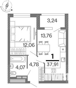 1-к квартира, строящийся дом, 38м2, 13/15 этаж