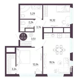 2-к квартира, вторичка, 60м2, 13/18 этаж