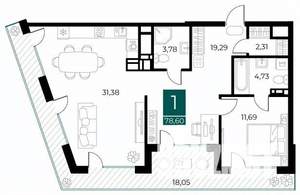 1-к квартира, вторичка, 79м2, 9/13 этаж