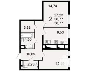 2-к квартира, вторичка, 59м2, 2/26 этаж