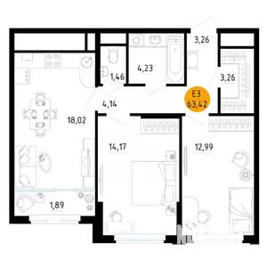 2-к квартира, вторичка, 63м2, 12/25 этаж