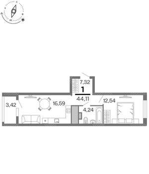 1-к квартира, строящийся дом, 44м2, 7/15 этаж