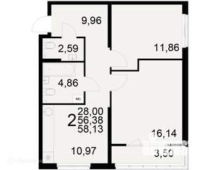 2-к квартира, вторичка, 58м2, 2/22 этаж